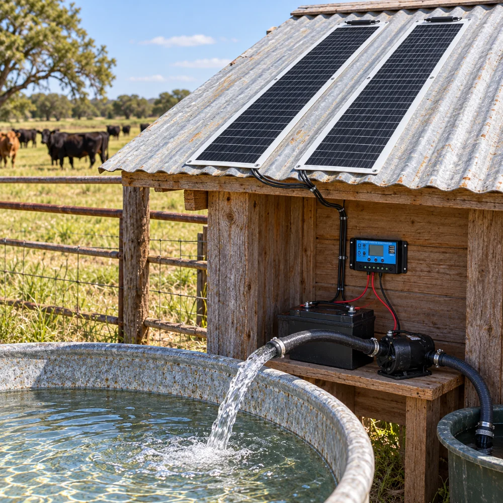 Two flexible solar panels on a shed roof charging a battery through a controller, with a 12V pump filling a stock tank